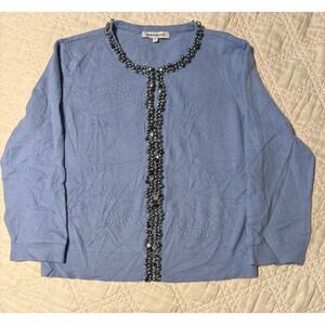 Barrow & Grove Cardigan Women Large Blue Cashmere Pearl Crystal Embellished